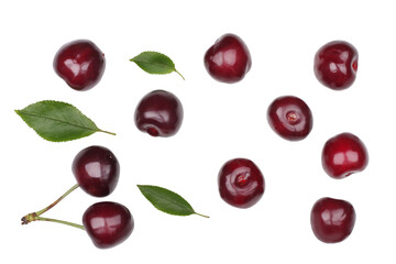 Cherry fruits isolated on white background. Top view.