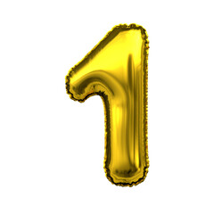 Number 1, Alphabet. Gold foil balloon number isolated on a white background with Clipping Path. 3d illustration.