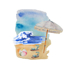 Pre-made summer scene. Hand drawn watercolor wave, beach ball, umbrella, sandals on a sandy beach. Template for wedding invites, posters, stationery, t-shirts, travel blog, stickers, fashion magazine