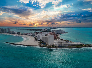 Sunset view of Cancun hotel zone, Mexico