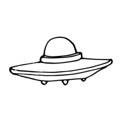linear vector isolated element of a UFO flying saucer. the alien ship is hand-drawn in the style of doodles, a black outline on a white background for the design template of the cosmos series
