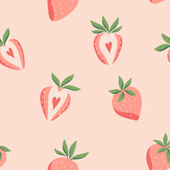 Seamless vector strawberry pattern.  Modern floral background with fruits, leaves. Modern template for social media, print, product, greeting cards.