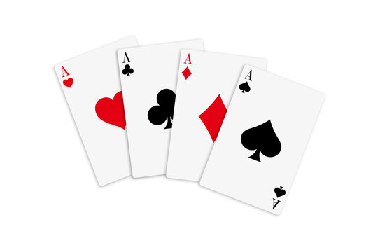 Four aces deck of cards for playing poker and casino on white background. Ace of spades, diamonds, clubs and hearts.