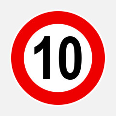 10 kilometers or miles per hour max speed limit red sign - Ten speed limit traffic sign editable vector illustration - obrazy, fototapety, plakaty