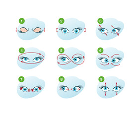 Eye exercise set. Movement for eyes relaxation. Looking in various direction.