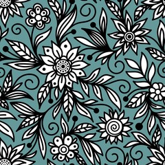 Mint seamless vector background with white flowers