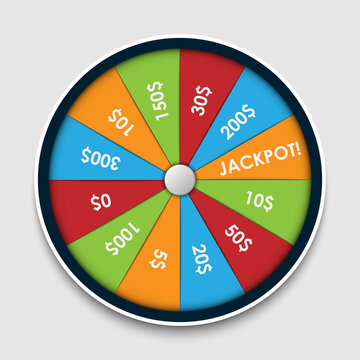 Wheel of Fortune with money prize, winning lottery. Gambling roulette, winner lucky game, vector illustration