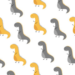 Yellow and gray dinosaurs. Seamless pattern with cute Dino. Vector illustration