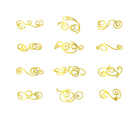 Vector golden filigree swirls set isolated on white background, lines, flourish frames, filigree elements, gold color.