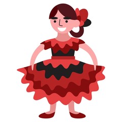 Young lady flamenco dancer flat portrait white isolated vector. Flat cartoon smiling girl in red dress is dancing flamenco and tango