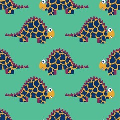 Hand-drawn spotted dinosaurs vibrant seamless pattern vector. Funny cartoon dino pattern for children clothes, textile and more © Anastasia Rybalka