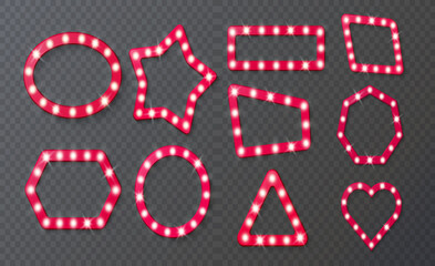 Vintage 3d light marquee vegas frames with light bulbs. Light bulb frame for cinema and circus show illustration, vector set