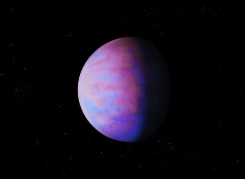 Amazing purple planet with a solid surface and atmosphere in deep space. Planet where life is possible 3d illustration.