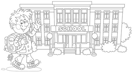 Cheerful schoolboy with his backpack going to school, black and white outline vector cartoon illustration for a coloring book page
