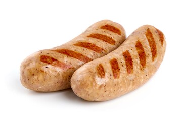 Grilled Munich sausages with green lettuce, isolated on white background.