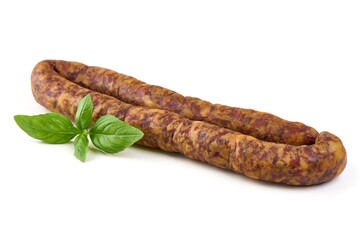 Dry-cured Sausage,, isolated on white background.