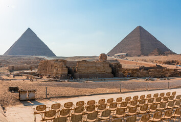 View of the pyramids in the Giza valley on a bright sunny day