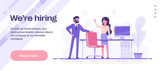 We are hiring web banner. Happy people invite to join to their team. HR, recruitment, headhunting concept. Modern vector illustration.