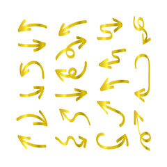 Vector hand drawn arrows set, decorative elements, gold bold arrows isolated on white background, golden colorful arrows.