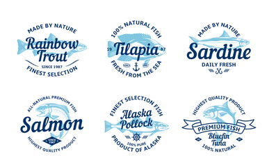 Vector fish vintage logo and fish illustrations for groceries, fisheries, packaging and advertising