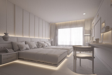 Hotel room in white color. minimalist interior design. 3D rendering