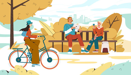 Autumn city park with people. Landscape with flat characters using mobile phone, tablet and happy woman riding a bicycle. Girl cycling, students sitting on bench with gadgets. Urban recreation concept