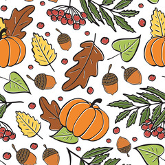 Seamless pattern of autumn leaves, pumpkins and acorns. Autumn bright pattern, hand-drawn scribbles of fallen leaves.