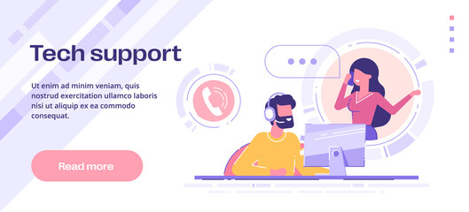 Man with headset is sitting at his computer and  talking with client. Clients assistance, call center, hotline operator. Technical support and customer care. Vector template for web banner or print.