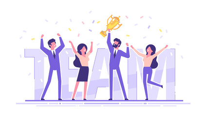 Handsome businessman holding golden cup and celebrating achievement of goals with his colleagues. Best team.  Teamwork, team success and leadership concept. Dream team. Flat vector illustration.