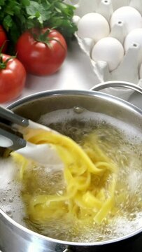 Chef cooking pasta in saucepan. Preparation italian tagliatelle in domestic kitchen. Cook with tongs mixing pasta in saucepan. Mushrooms, eggs, tomatoes. Vertical video.