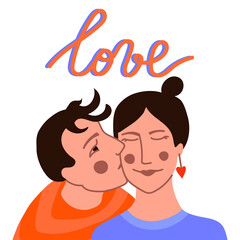 A guy kisses a girl. Relationships. Vector illustration. Double portrait. The inscription is love. A postcard for Valentine's Day.