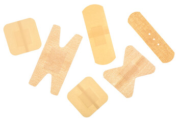 Set of different adhesive bandages isolated on a white background, top view. Sticky plasters.