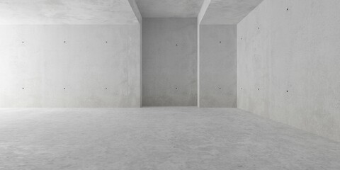 Abstract empty, modern concrete room with indirect lighting from left side wall, recess element and rough floor - industrial interior background template