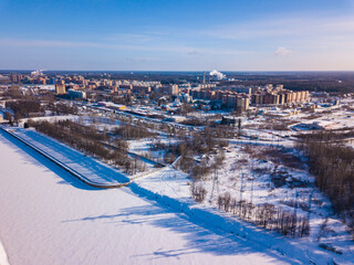 Aerial view to sluice on the chanel Moscow-Volga near Dubna town, Russia