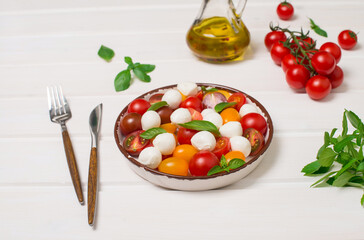 Baby mozzarella, cherry tomatoes and basil salad on white background side view.