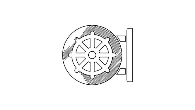 Black line Dharma wheel icon isolated on white background. Buddhism religion sign. Dharmachakra symbol. 4K Video motion graphic animation