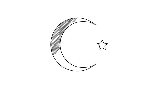 Black line Star and crescent - symbol of Islam icon isolated on white background. Religion symbol. 4K Video motion graphic animation