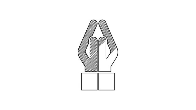 Black line Hands in praying position icon isolated on white background. Prayer to god with faith and hope. 4K Video motion graphic animation