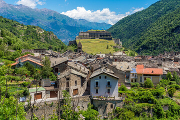 The picturesque village of Exilles and its fortress, in the Susa Valley. Province of Turin,...