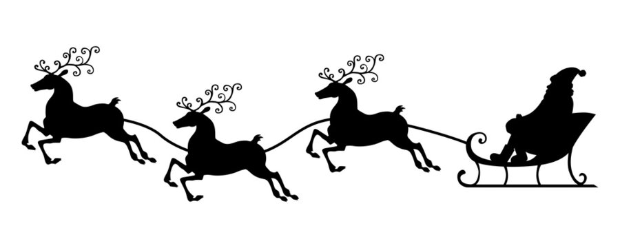 Silhouette Santa riding on deer sleigh