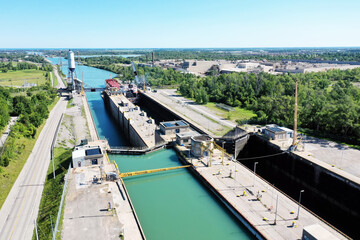 Aerial of a Lake Freighter entering lock in the Welland Canal, Canada