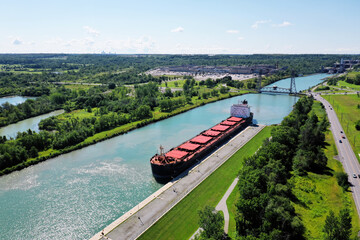 Aerial view of a Lake Freighter sailing in the Welland Canal, Canada - 455356519