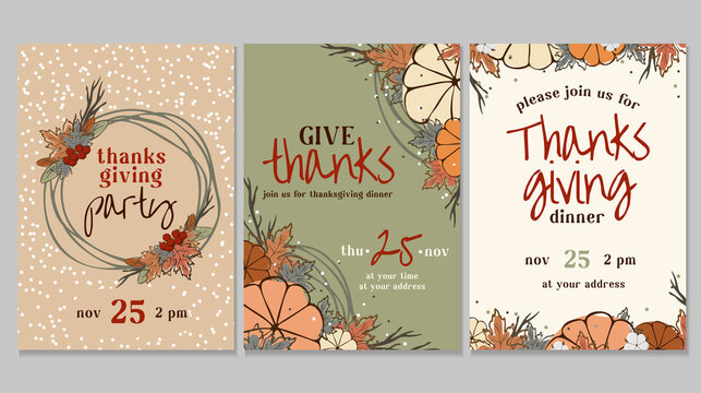 A set of postcards, posters, cards for Thanksgiving day 2023. Warm brown, beige, and orange shades are used. The leaves, pumpkins, inscription, cotton, branches are depicted