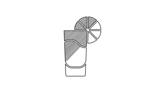 Black line Tequila glass with lemon icon isolated on white background. Mexican alcohol drink. 4K Video motion graphic animation