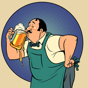 The Bartender Drinks Beer. A Man And A Soft Draught Drink. Alcoholic Pub