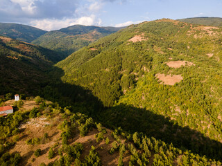 Obraz premium Aerial sunset view of Ograzhden Mountain, Bulgaria