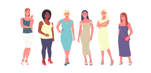 Six women of different nationalities and cultures standing together. Vector illustration of six young women dressed in trendy clothes