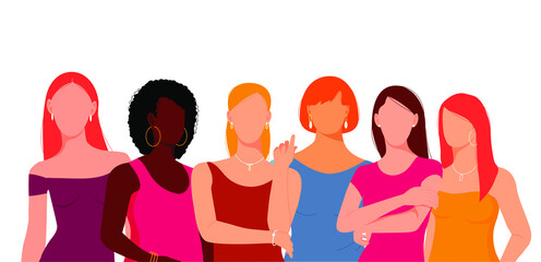 Six women of different nationalities and cultures standing together. Women rights event concept. Union of feminists or sisterhood.