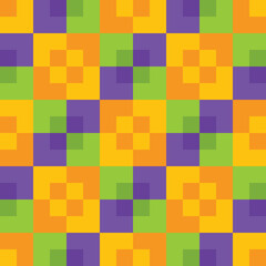 yellow orange green and purple bright colorful Halloween colors square checker seamless pattern. geometric abstract background. festive tiles backdrop wallpaper. vector.  