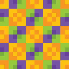 yellow orange green and purple bright colorful Halloween colors square checker seamless pattern. geometric abstract background. festive tiles backdrop wallpaper. vector.  